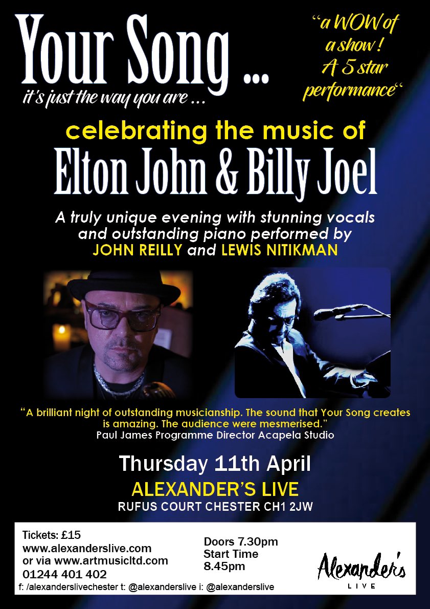 Don’t miss this cracking celebration of the music of ELTON JOHN & BILLY JOEL. Tickets available now - alexanderslive.seetickets.com/search/?Browse… @ShitChester @welovegoodtimes @chestertweetsuk @SkintChester @chesterdotcom #eltonjohn #billyjoel