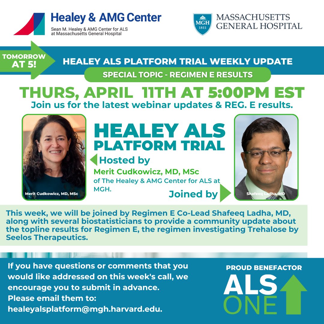 #HealeyALSPlatformTrial 2morow 4/11 @ 5pmEST: Join us 4 updates by @MeritCudkowicz, who'll be joined by #PlatformTrial Reg E Co-Lead Shafeeq Ladha, MD & several biostat's, to provide community update on Reg E's investigation of Trehalose by @seelostx. Reg: bit.ly/3KKsme2