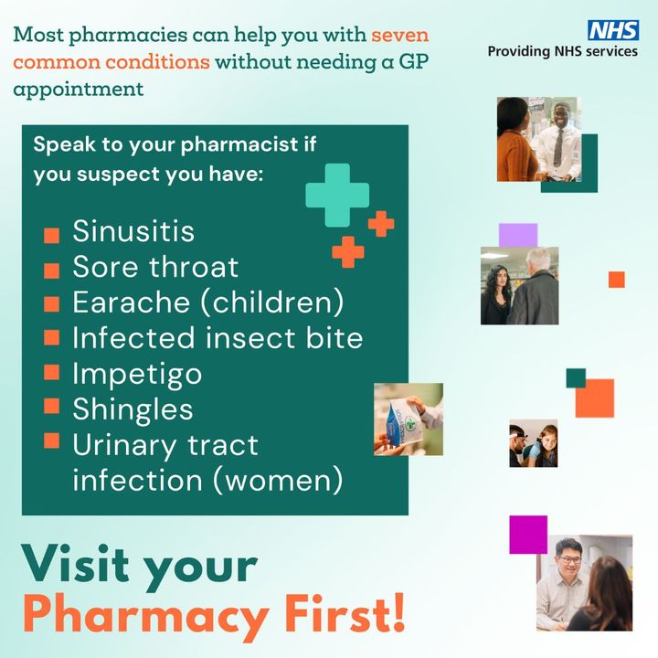 🤒🩹 Almost all pharmacies now offer the Pharmacy First service, giving advice and, if needed, NHS medicines to treat seven common health conditions – and all without the need for a GP appointment. 🗨️ Ask your local pharmacy for more information about this free NHS service.