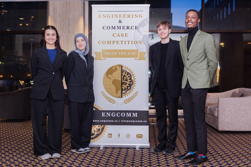 Earlier this term, #uOttawaEngineering students Tanvi Pradhan and Markos Brown participated in the first-ever case competition for the faculty, where they joined forces with #TelferNation students Derik Thiessen and Sumayya Kheireddine! 🙌 (1/3)