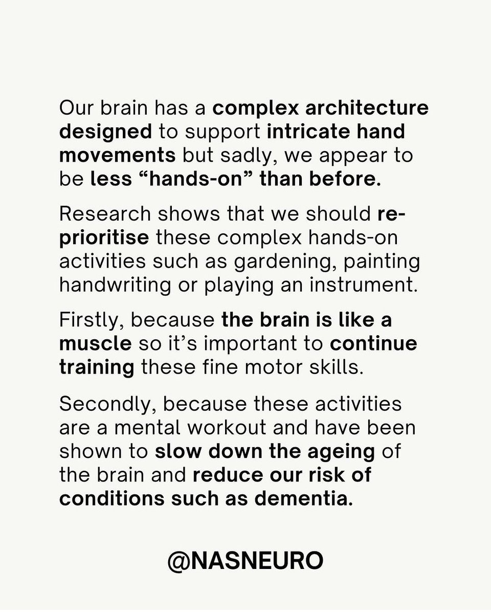 Activities aren't just good for us for our mental wellbeing, it's about the cognitive stimulation. If it's something you enjoy and can build mastery then it adds huge psychological benefits. This is no less important post Dementia diagnosis. Really important 👍👍👍