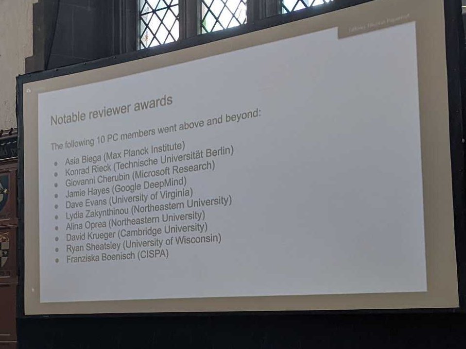 A research community is only as strong as its members. That's why #SaTML2024's indebted to our PC, esp these ten members who went beyond the call of duty: @asia_biega @mlsec @gchers Jamie Hayes @UdacityDave @zakynthinou @AlinaMOprea @DavidSKrueger @RyanSheatsley @fraboeni