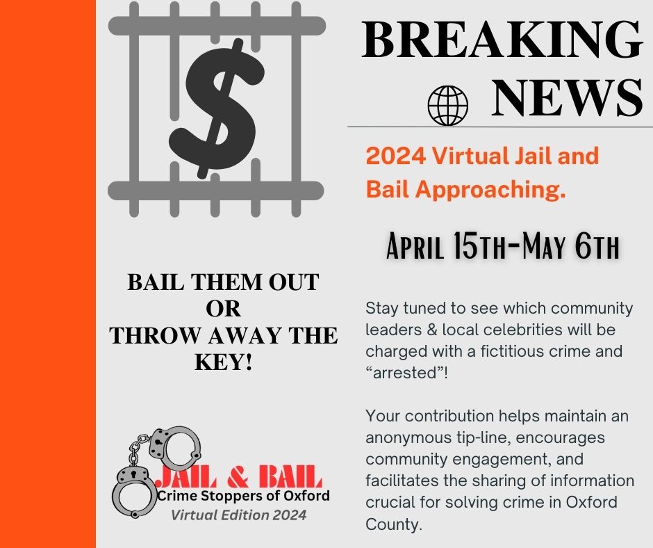 Good Afternoon Oxford County!
Join us for the Crime Stoppers of Oxford Inc. 2024 Virtual Jail and Bail Fundraiser! 🕵️‍♂️🕵️‍♀️
🚨🔒 April 15th - May 6th 
 Our participants have been fictitiously charged and need YOUR help to make bail! 

#CrimeStoppers🚔💪