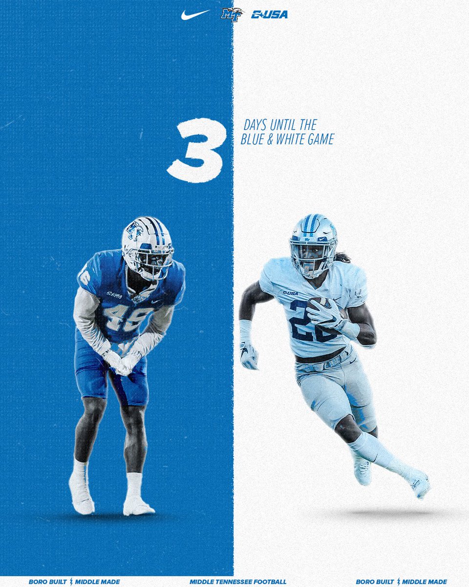 The spring ball work pays off in 3️⃣ days. 🏈 Blue & White Game 🗓️ April 13 | 1 PM 🏟️ Floyd Stadium 📝 bit.ly/3xqimUe #BoroBuiltMiddleMade