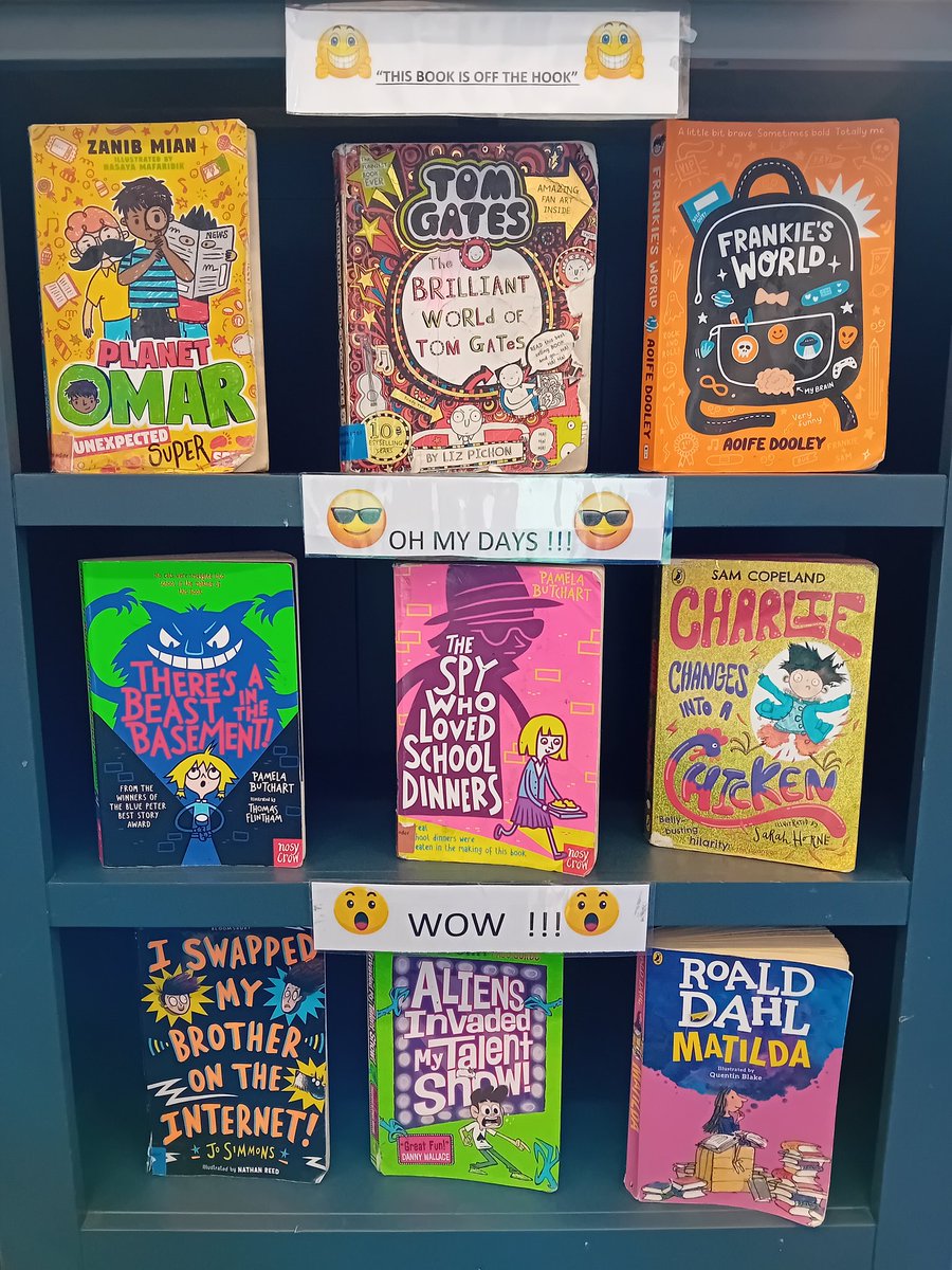 Children @HazelSchool check out selection for 'This book is off the Hook', 'Oh My Days', 'Wow' shelves made Year 5 library assistants after they discussed it. I'm very impressed with their choices. @LizPichon, @roald_dahl, #aoifegooley, @Zendibble, #pamelabutchart, #samcopeland,