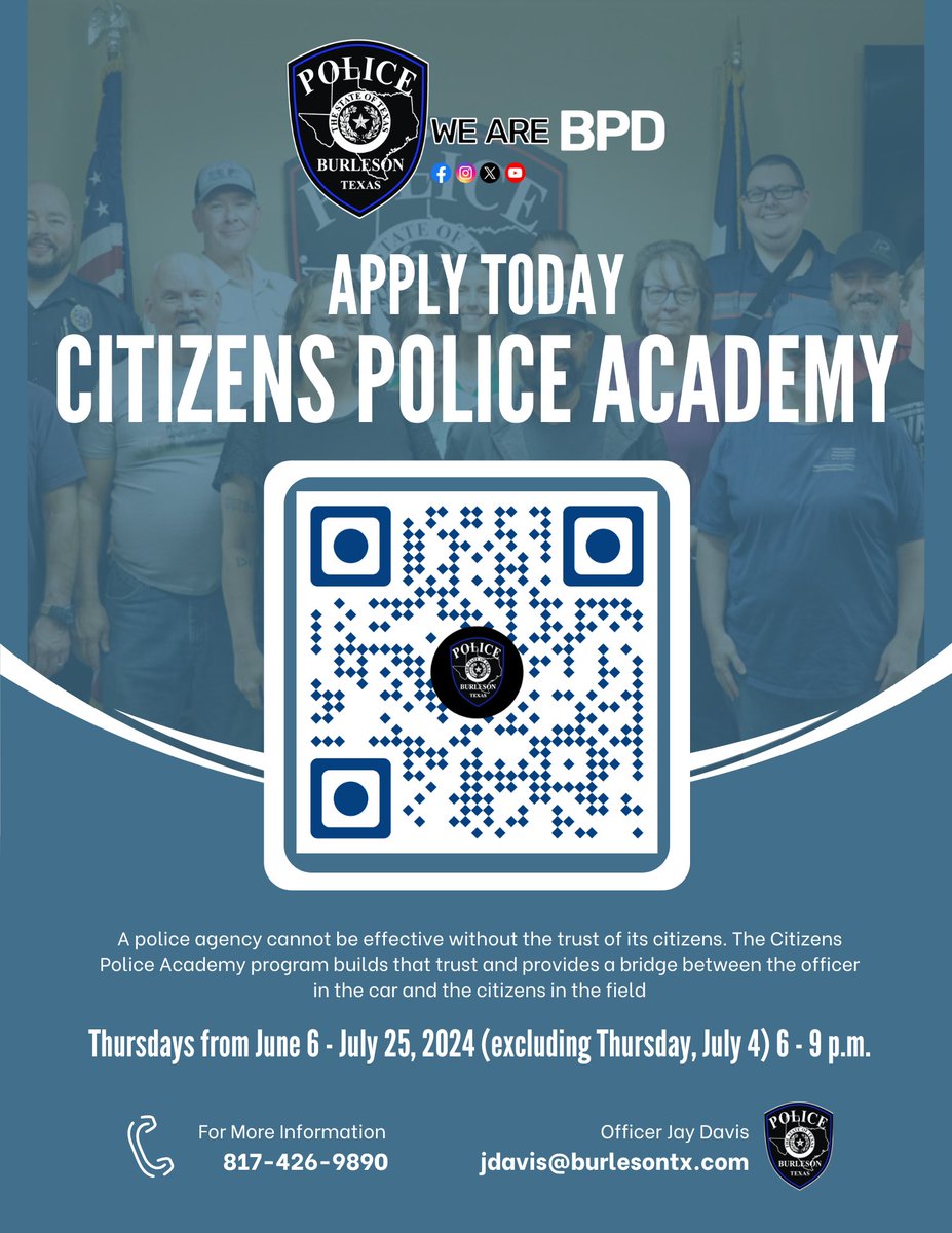 Learn all about policing, and your local police department, by joining our Citizen Police Academy! For more information on this exciting opportunity, or to apply, please visit: burlesontx.com/267/Citizens-P…

#CPA #Police #BTX