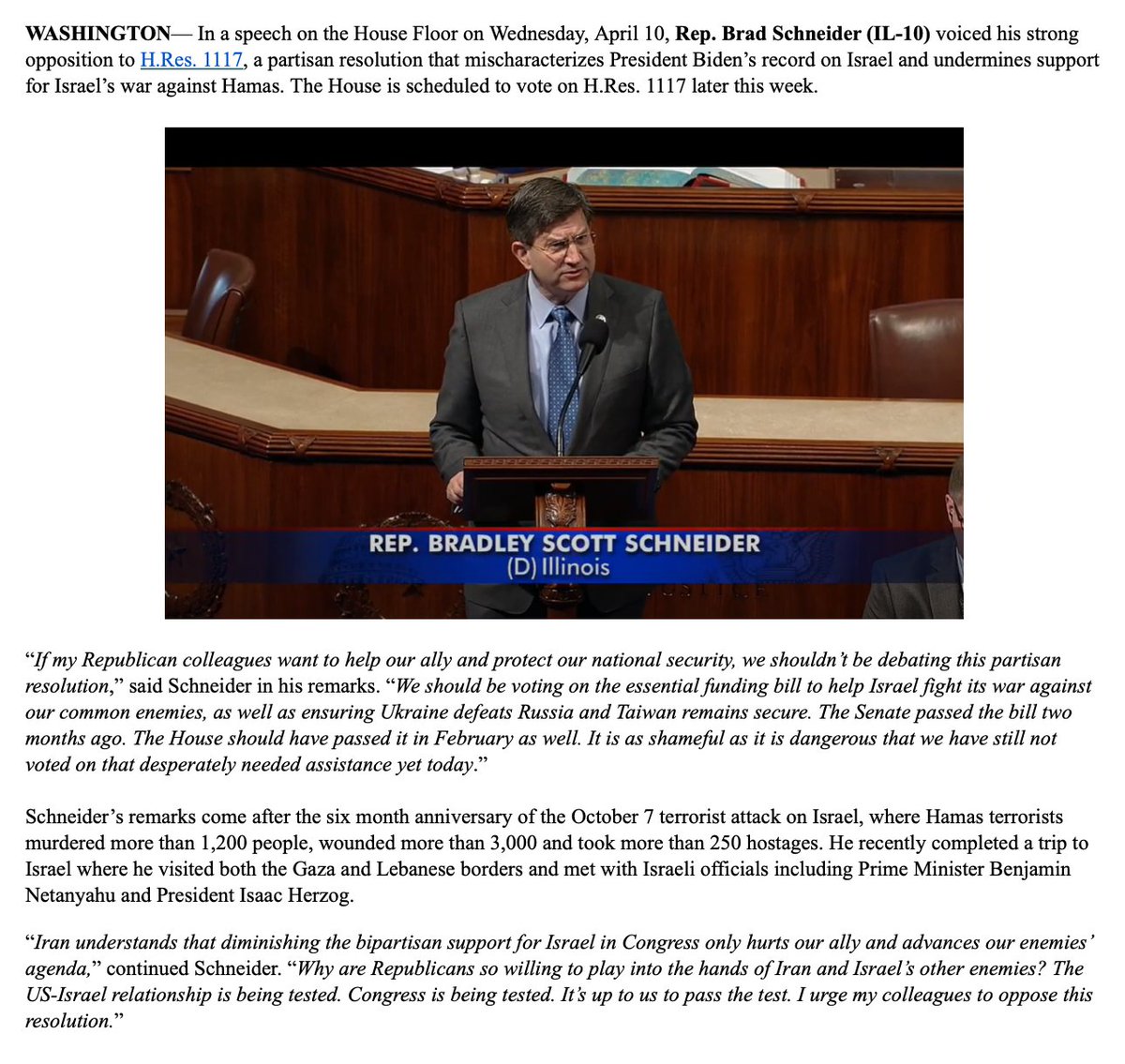 Rep. Brad Schneider says he'll vote against a resolution House Republicans are trying to put forward this week condemning the administration for failing to veto the U.N. ceasefire resolution and for calling for an immediate cease-fire. Good sign it'll have little to no Dem votes.