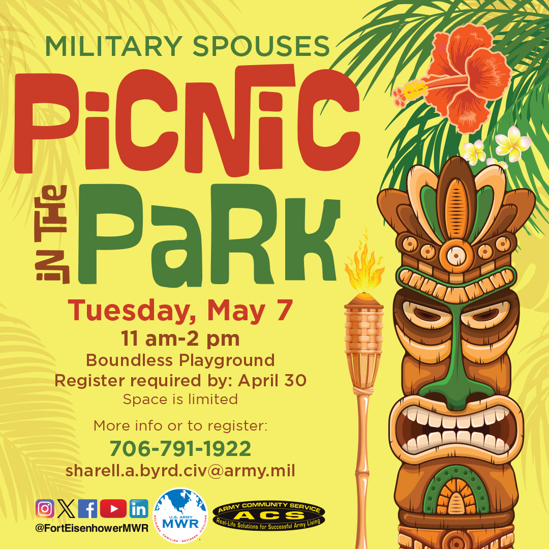 Tomorrow is the last day to sign up for Picnic in the Park on May 7th! Find all the details at eisenhower.armymwr.com/view-event/pic… and sign up by calling 706-791-1922.

#EisenhowerMWR #EisenhowerACS #relocationreadiness #picnicinthepark