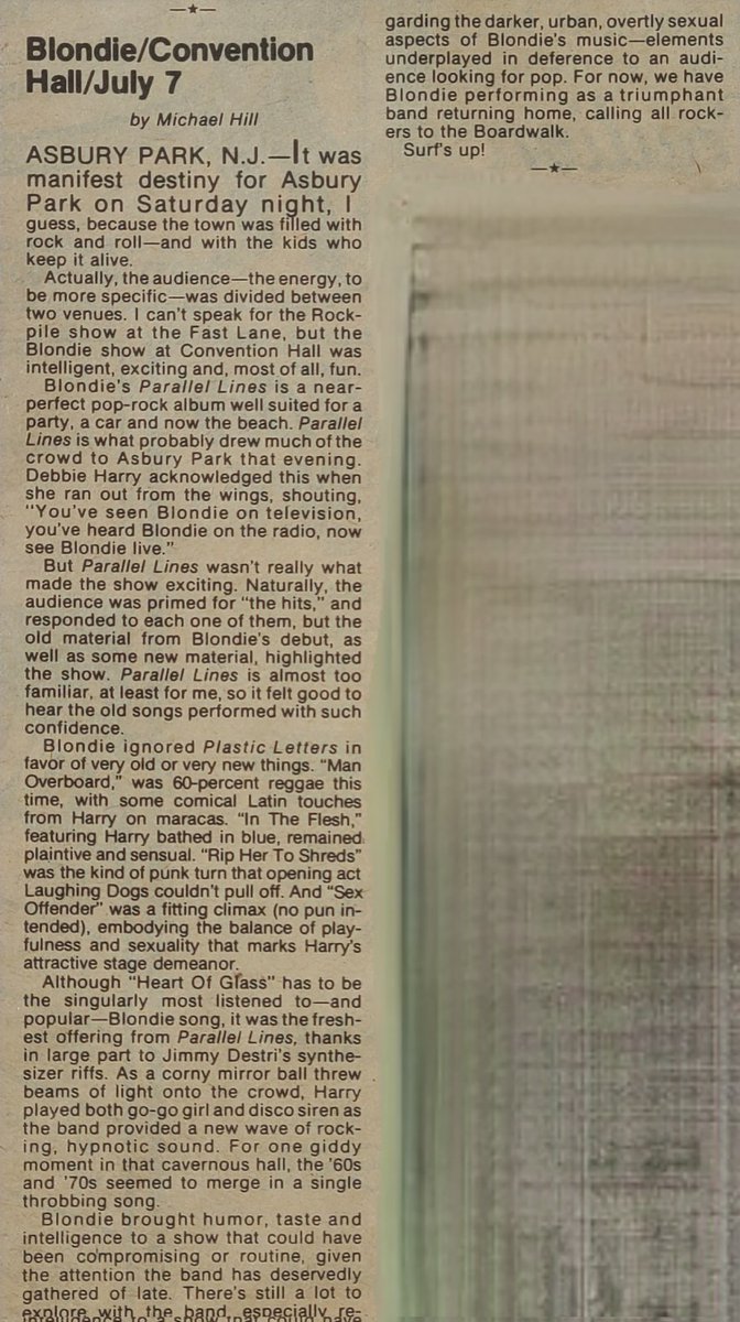 @BlondieOfficial concert review from July 7, 1979 show at Asbury Park, New Jersey written by Michael Hill of The Aquarian Weekly. #Blondie #debbieharry #parallellines #1979 #concertreview #1970s #punk #NEWWAVE #NewJersey