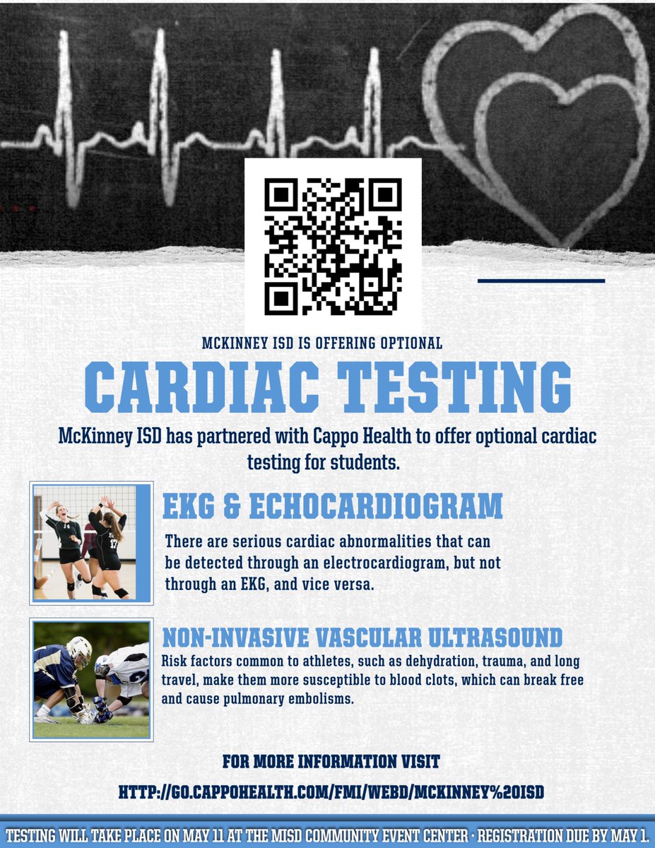 McKinney ISD has added an additional day of in-depth cardiac screening for those who would like to take advantage of it! May 10 & 11th at the MISD Community Event Center! @MHS_ATS @MBHSAT @MNHS_SportsMed