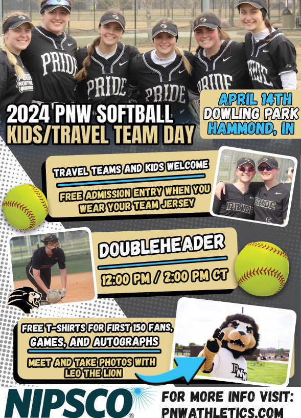 🚨KIDS/TRAVEL TEAM DAY🚨 Mark your calendars as this Sunday, April 14, @PNWSoftball will be hosting their Kids/Travel Team Day for their home DH vs. Wayne State at 12 PM CT! Free admission when you wear you team jersey! Come out and help support the Pride! 🥎 #RoarPride 🦁