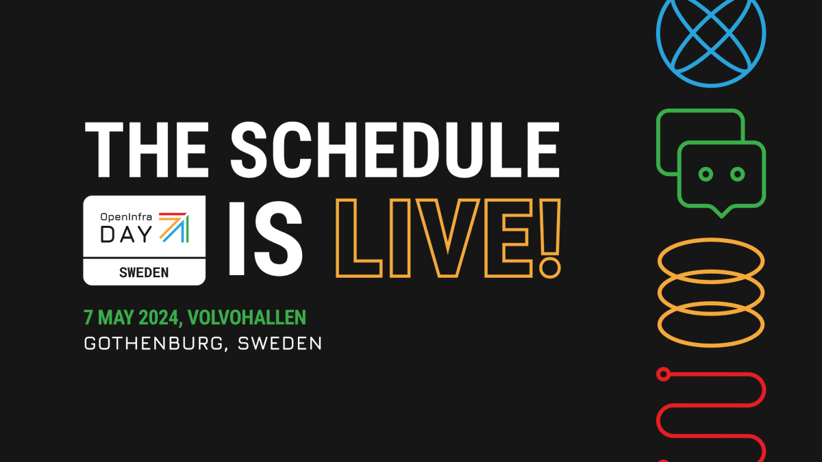 The schedule for #OpenInfra Day Sweden is Live and features talks around #Zuul, #OpenStack, #Kubernetes, and more! 🗓️7 May 🇸🇪Volvohallen in Gothenburg, Sweden 🎤Check out the Schedule oidsweden2024.se/schedule 🎟️Join us oideurope2024.openinfra.dev/#registration=1 🖥️Learn more oidsweden2024.se/home