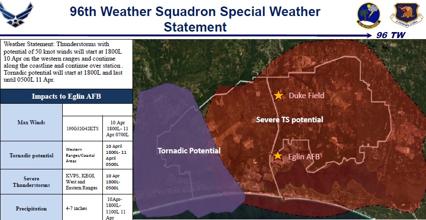📢Potential for severe weather, take appropriate preparedness actions Severe weather consisting of high winds (50+ mph), thunderstorms, and tornadic activity is forecasted for our area to include Eglin AFB/Range from approx. 6 p.m. this evening through 5 a.m. tomorrow, 11 April.