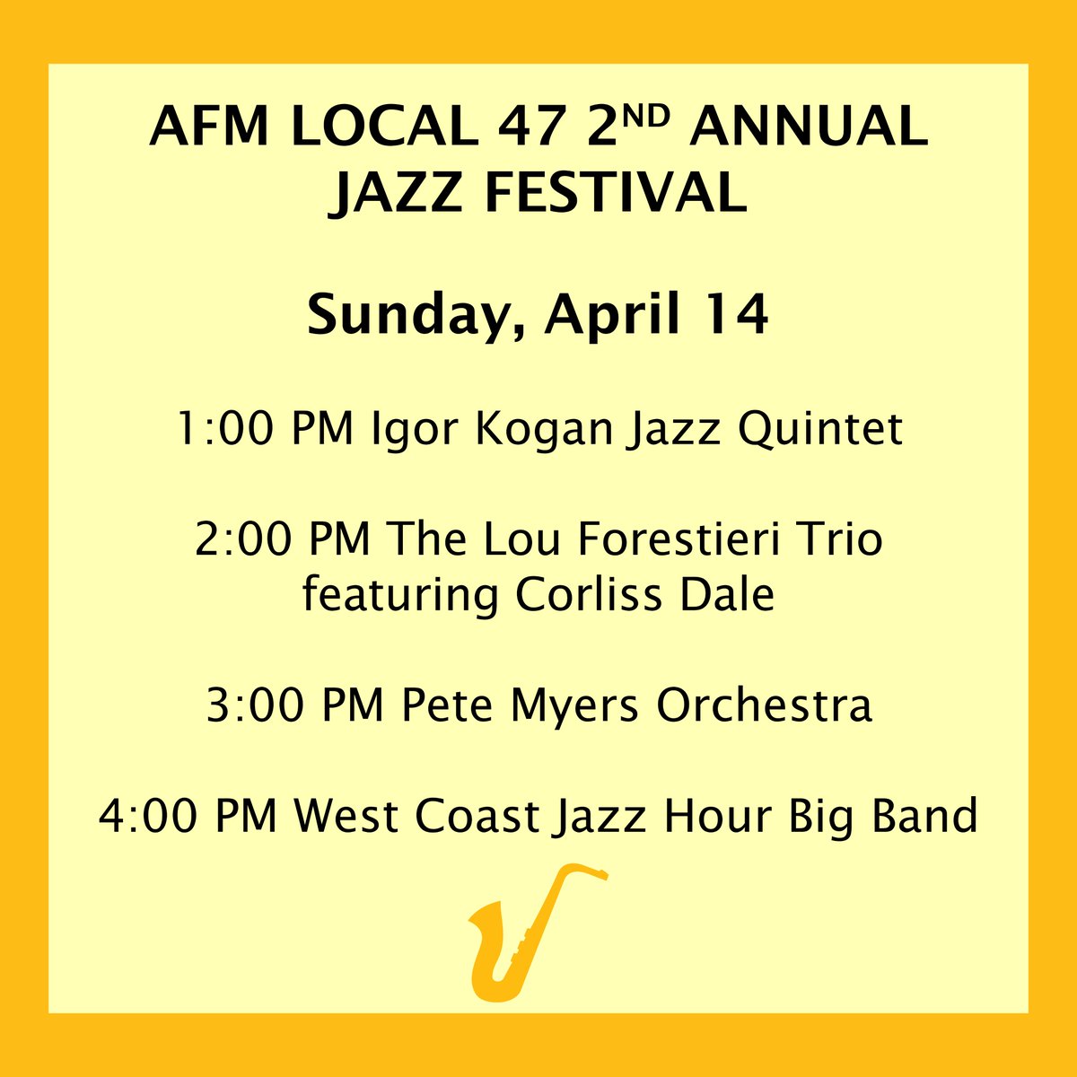 🎷THIS SUNDAY🎷Join us for our 2nd Annual AFM Local 47 Jazz Festival! The three-day concert series kicks off April 14th. FREE admission! See the full festival lineup @ afm47.org/jazzfestival