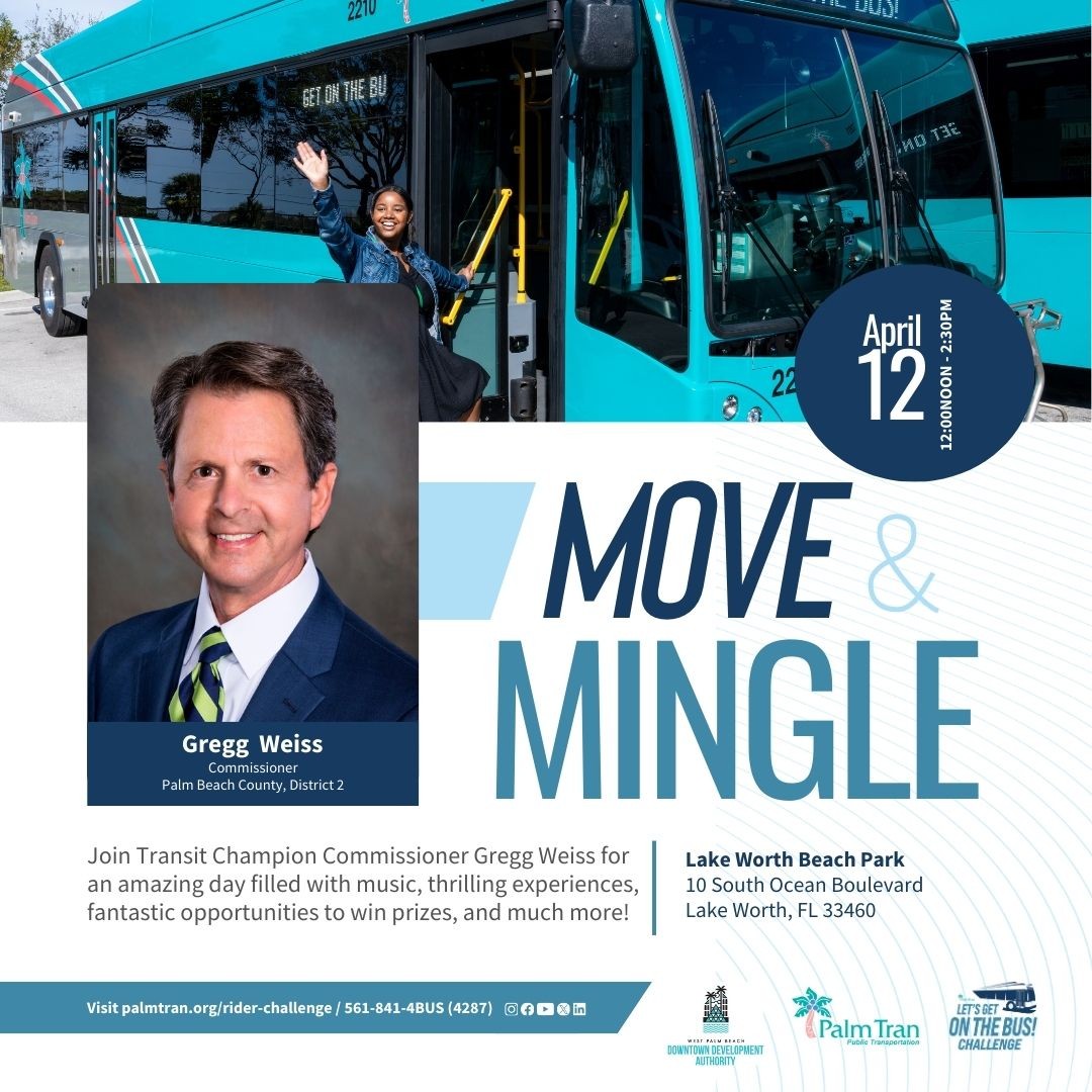 Join us this Friday for our third Let's Get On The Bus Challenge: Move and Mingle with Commissioner Greg Weiss! Don't miss this opportunity to engage with Commissioner Weiss and learn more about his impactful work! #palmtranchallenge #LocalLeadership #PalmBeachCounty