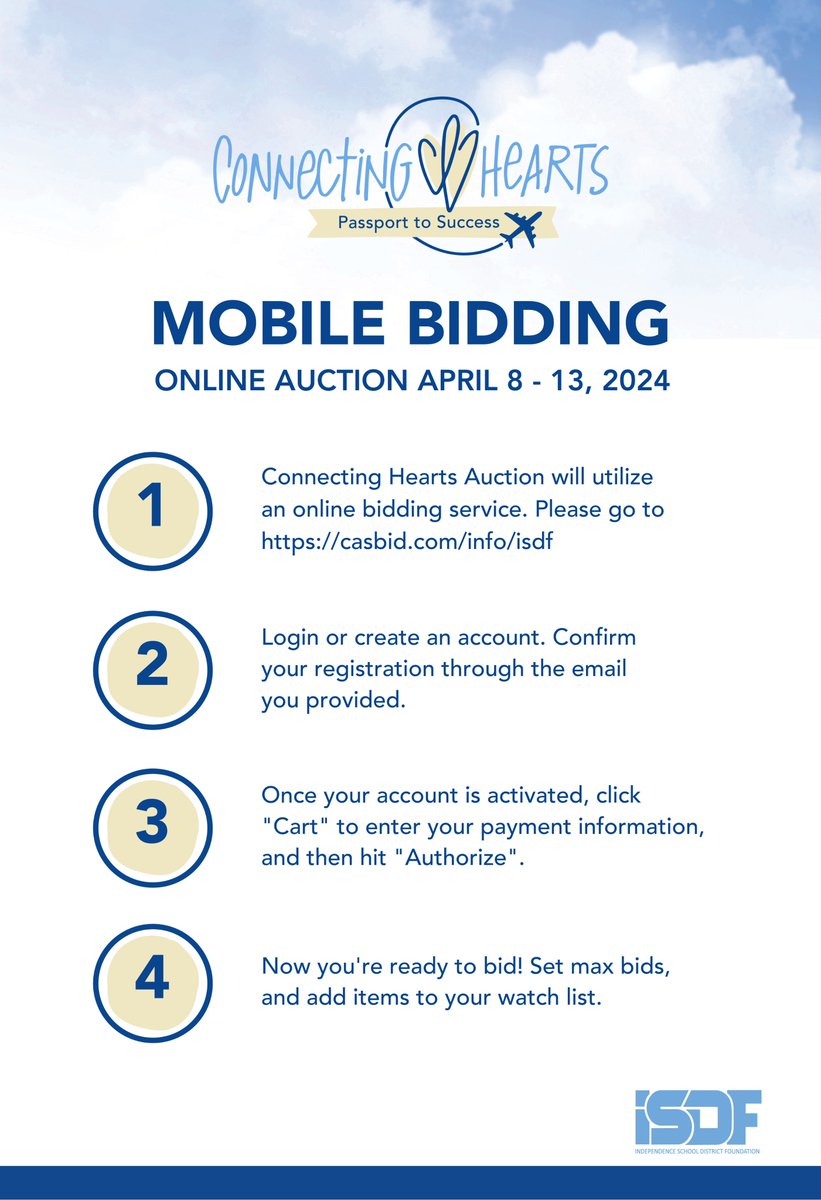 Mobile Bidding is OPEN for the 2024 Connecting Hearts Silent Auction. This year we have over 90 unique items, including the NEW "Buy it Now" Vacation Station options.

casbid.com/info/isdf