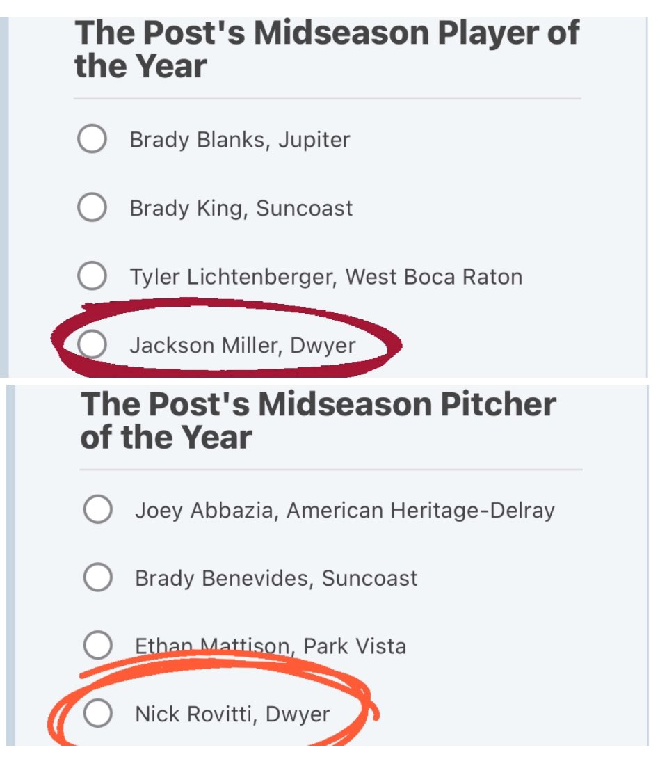 Vote for our Dwyer Baseball players who are nominees for the PB Post’s Midseason Baseball Awards: - Jackson Miller, Player of the Year - Nick Rovitti, Pitcher of the Year Click here to vote: palmbeachpost.com/story/sports/h…