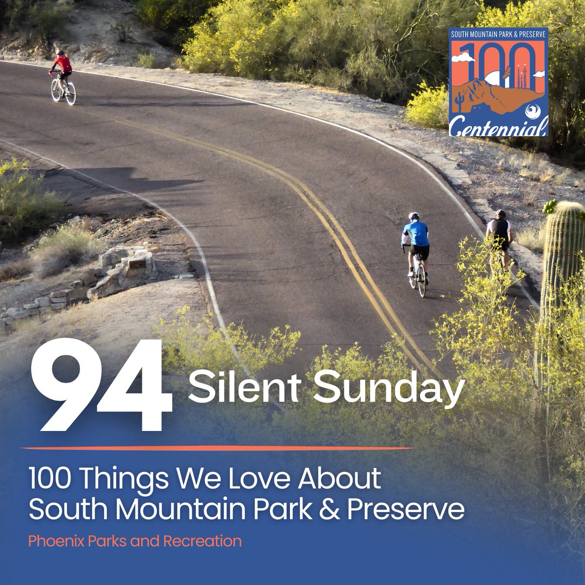 Join us for Silent Sunday at South Mountain Park & Preserve! Enjoy the tranquility of vehicle-free mornings and make your Sunday a serene one. 💫 It's one of our many favorite things about SOMO ☮️ 🚴‍♀️🏃‍♂️ #silentsunday #southmountain100 #phxparks #phoenixparksandrecreation