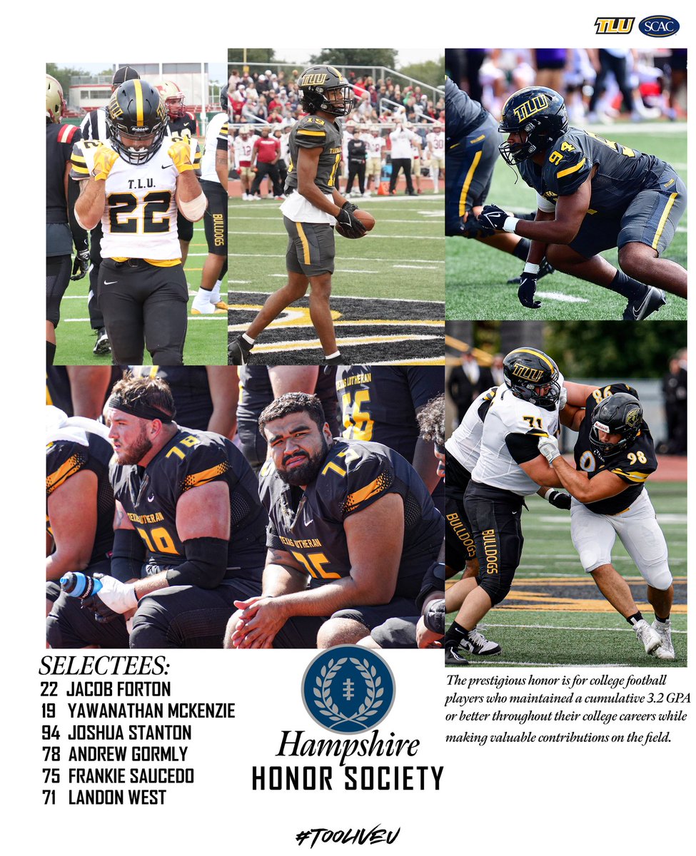 Ballers on and off the field. For the third straight year, we have multiple honorees. Congratulations to our 6 @NFFNetwork Hampshire Honor Society members! 🗞️: tlubulldogs.com/sports/fball/2… #TooLiveU | #PupsUp