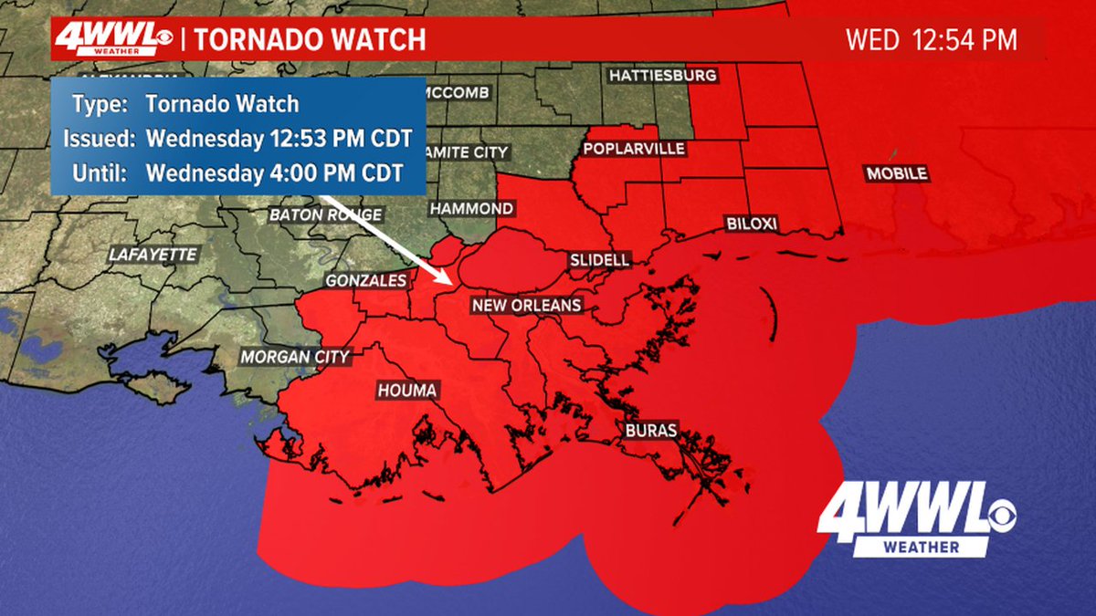 #TORNADO WATCH issued for areas in red. Stay weather aware and have multiple ways to receive warnings. #BeOn4