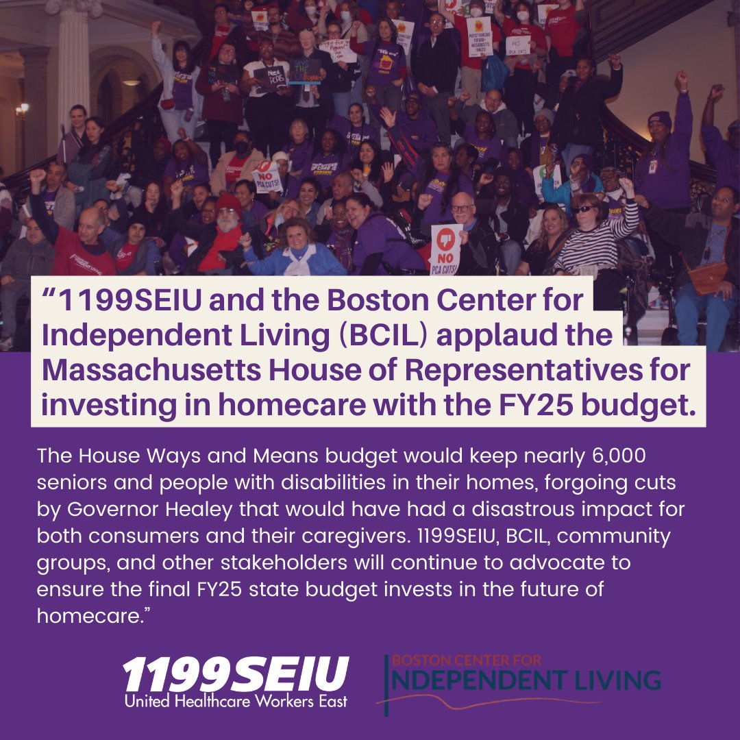 Budgets are moral documents. The PCA budget, which benefits seniors, people with disabilities, women, people of color, and immigrants, deserves investment that keeps people at home and cared for. TY house leadership for investing in the PCA program #MApoli