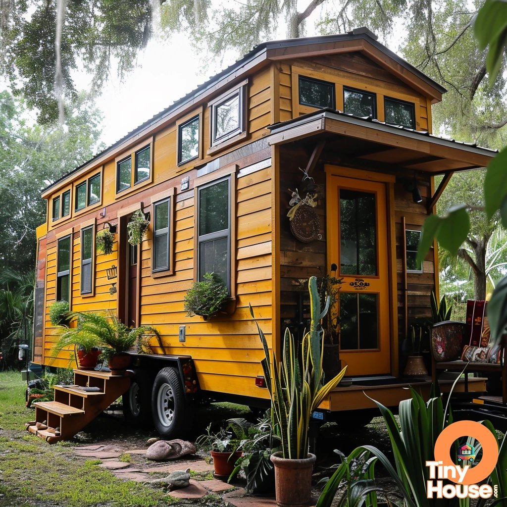Check out this adorable tiny house on wheels in a Coastal design style! Its unique combination of Metallic and Cider colors truly make it stand out.  Which design element catches your eye? Would you incorporate any into your own home? #TinyHouse #CoastalDesign #UniqueColors