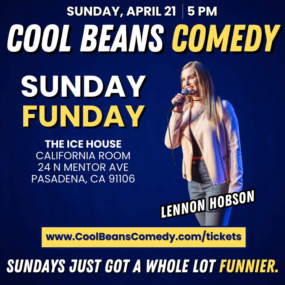 Ice House CA room on Sunday April 21st! 5pm! Tix at coolbeanscomedy.com/tickets be sure to click Sunday Funday 5pm show to see me! 💖 see you there
