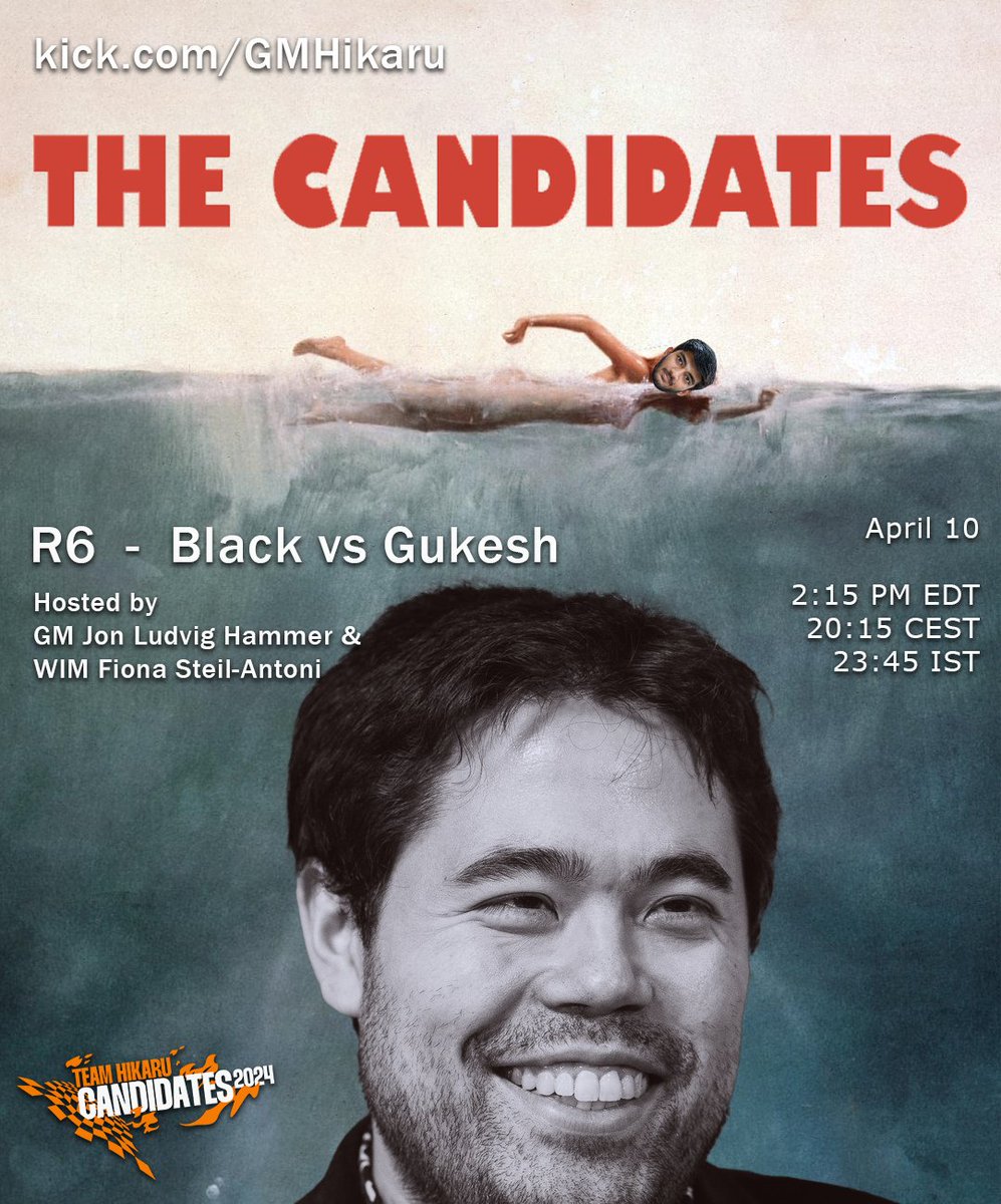 Let's keep up the momentum! Today I play @DGukesh with black and as always @gmjlh and @fionchetta are calling the action. kick.com/gmhikaru 🌻🍍🌻 #FIDECandidates