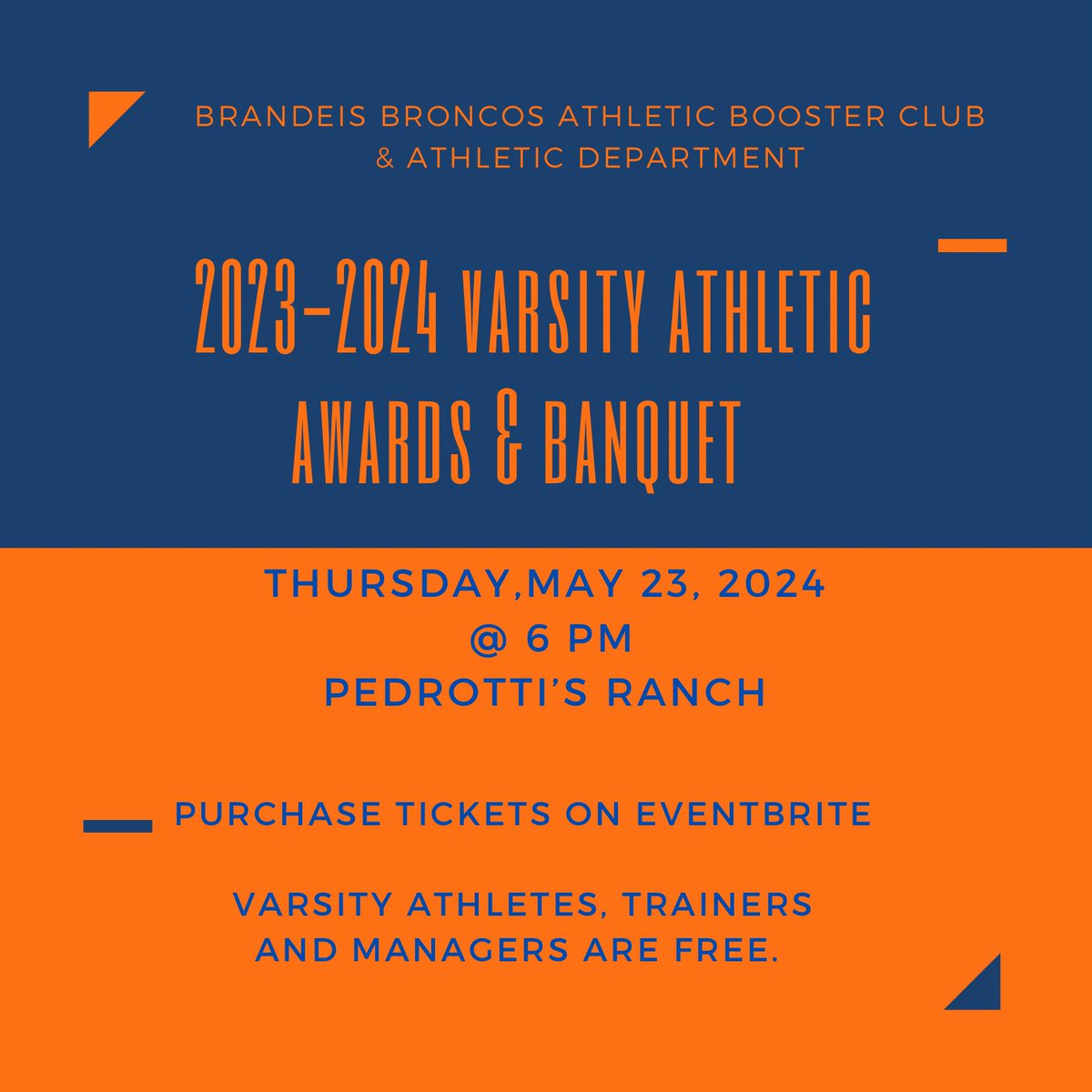 🚨Varsity Sports Banquet🚨 Follow the link below to purchase tickets. Individual ticket sales will increase on May 7th. Varsity Athletes, Trainers and Managers are Free. eventbrite.com/e/brandeis-bro…