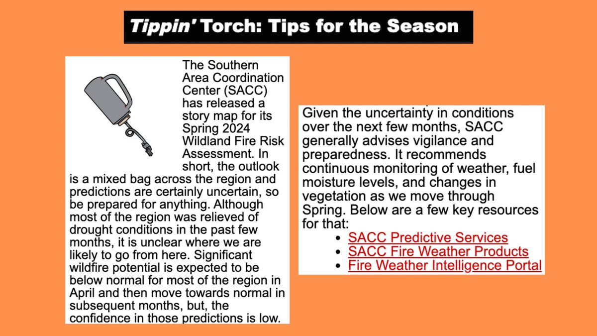 April's Tippin' Torch: Tips for the Season -
Wildfire potential is expected to be below normal for most of the region in April but confidence in those predictions is low. Given the uncertainty, check out these resources for monitoring conditions.
gacc.nifc.gov/sacc/index.php