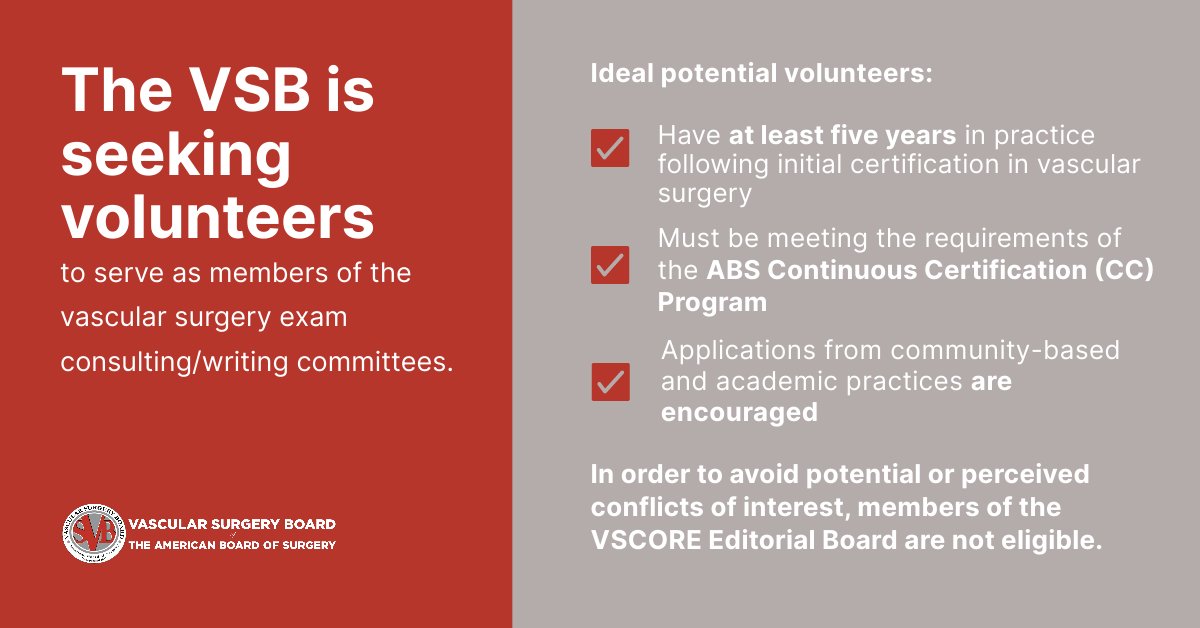 The VSB is seeking volunteers from the #vascularsurgery community to serve as exam consulting/writing committee members. Responsibilities include writing/reviewing questions and attending virtual exam draft reviews. If interested, please submit this form: surveymonkey.com/r/GCWFYKB