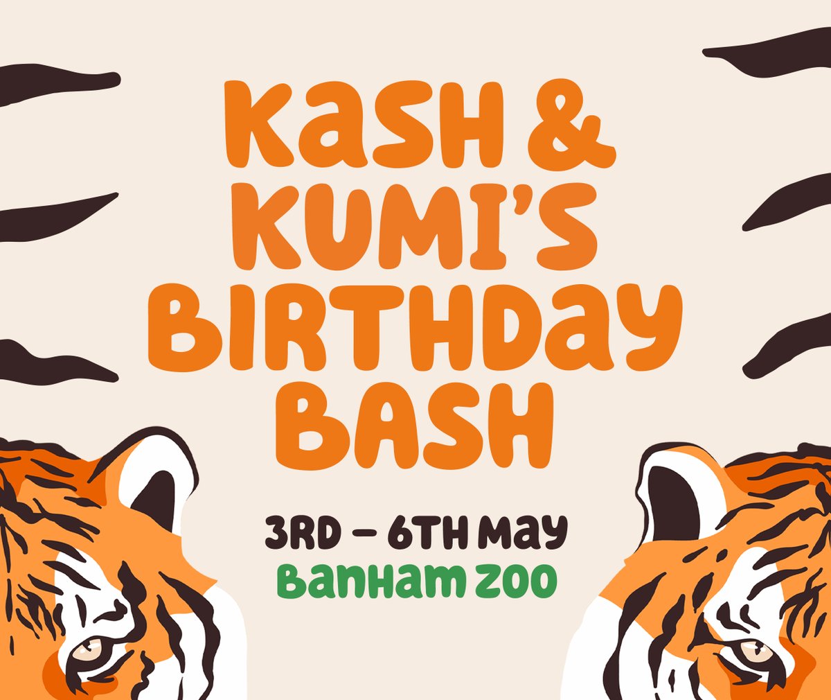 You’re invited to join us as we celebrate tiger cubs Kash and Kumi’s 1st Birthday! From Friday 3rd – Sunday 6th May, join us for a life-size tiger sculpture trail, tiger-themed carnival games, face painting, food trucks, daily competitions, plus more! zsea.org/banham/tickets…