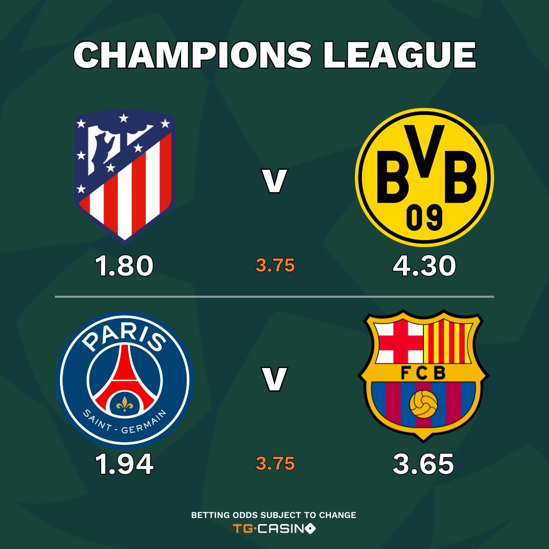 Champions League is back!!! We had two good matches last night. Can these bring the same thrill?

Atletico Madrid 🆚 Dortmund
PSG 🆚 Barcelona

Bet now at TG.Casino⚽