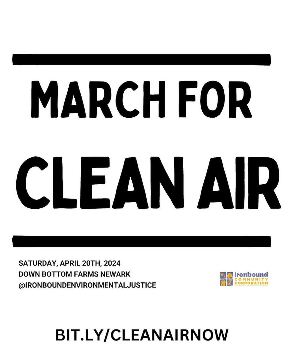 Join @IronboundCC on April 20th, at 12 p.m., for the March for Clean Air! For over two years, the community has opposed the PVSC's proposal to add a 4th fossil fuel power plant in Newark. RSVP: Bit.ly/CleanAirNow #MarchforCleanAirNewark #EnvironmentalJustice #SacrificeZone