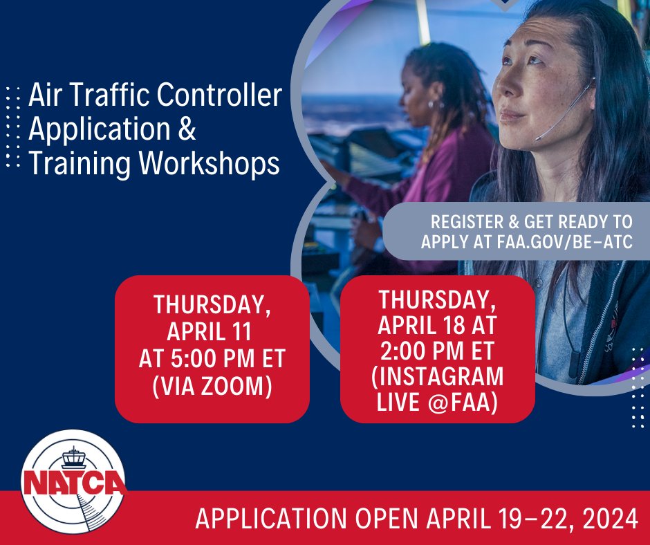 The FAA is hosting three live workshops to answer questions about filling out the application, training, and life as an air traffic controller. Register at faa.gov/be-atc. #BeATC