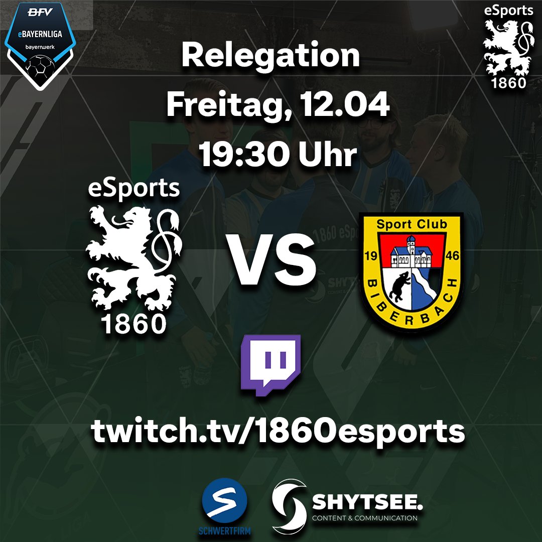 🏆 eRegionalliga Aufstiegsrelegation 
🆚 SC 1946 Biberbach
📆 12. April, 19:30 Uhr
📺 twitch.tv/1860esports

<a href="/TSV1860eV/">TSV 1860 München e.V.</a> <a href="/bfvefootball/">BFV eFootball</a>