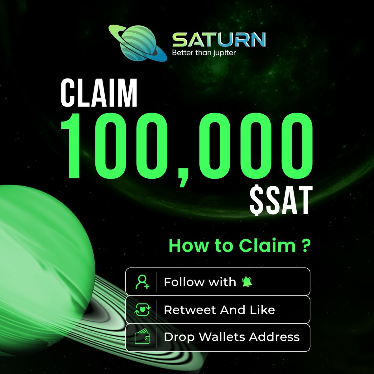 $SAT Airdrop open for 24 hours 🪂 Drop your Solana $SOL address below, Follow 🔔 & RT 👇🏻 Every wallet gets 100,000 $SAT Check your wallet in 20 mins