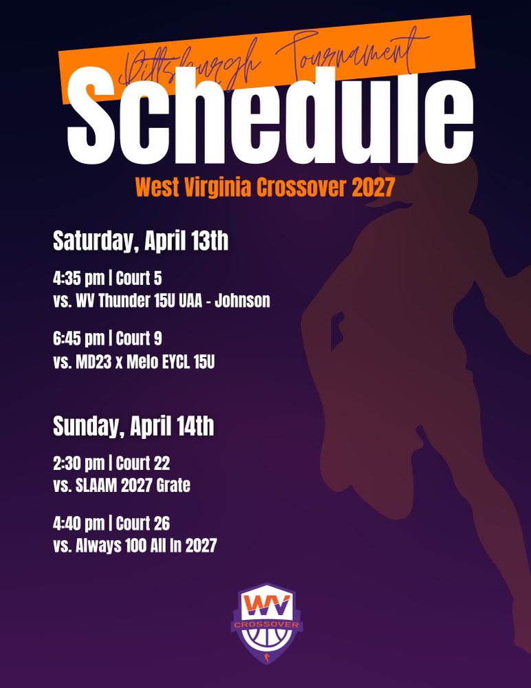 Schedule for the first tournament in Pittsburgh, PA to kick off the start of AAU season!!!