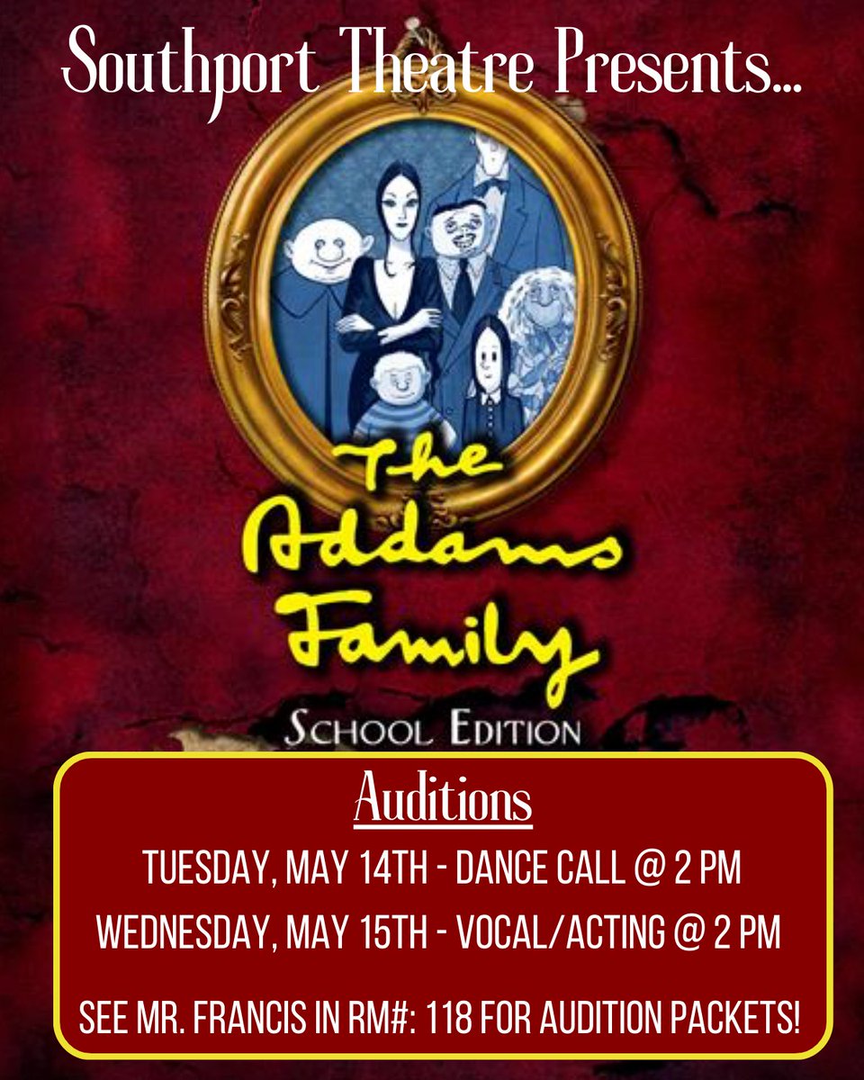 Full Disclosure... WE'RE DOING THE ADDAMS FAMILY! Auditions will be happening THIS YEAR May 14th - May 16th for the high school & May 17th for the incoming freshman at the middle school! It's going to get a little bit creepy and kooky next fall! 🕷🕸👻