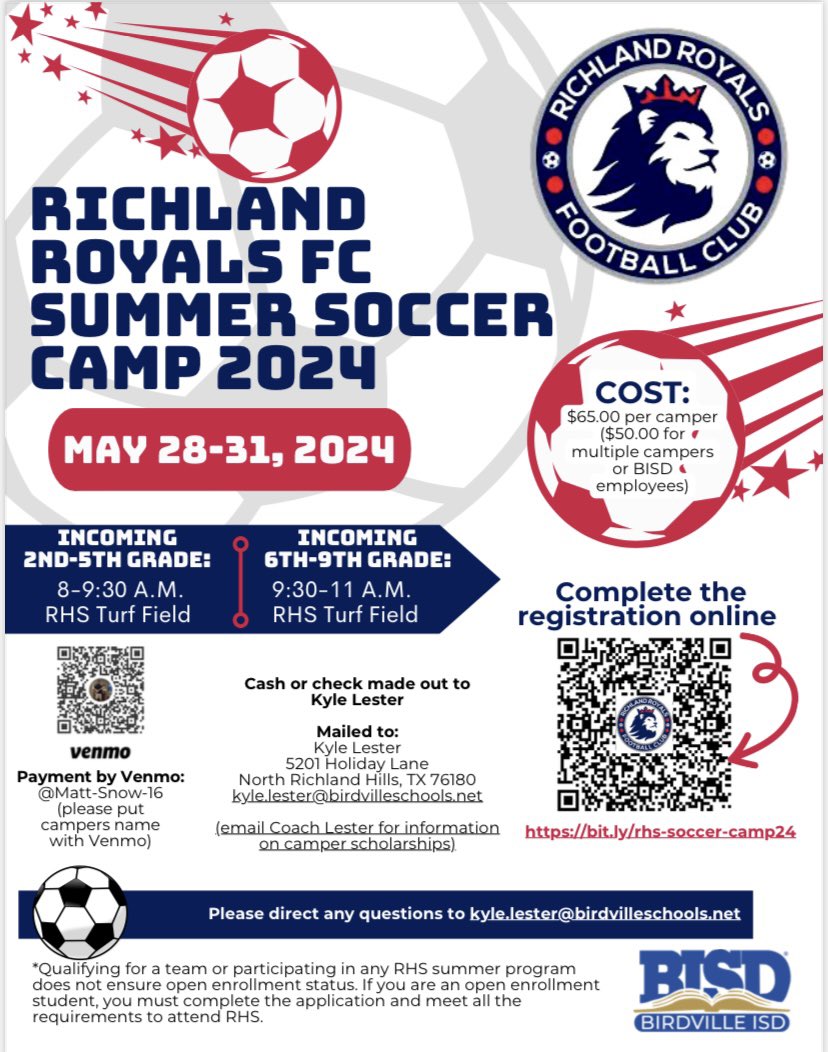 The Richland Royals FC is excited to host our annual summer soccer camp again this year. Sign up using the flyer below and help us make this the best camp ever!!  @Gosset41 @dfwvarsity @LethalSoccer @DFW_Girls_HS_VS @tascosoccer @Richlandhigh @RoyalsSoccerRHS @BirdvilleISD