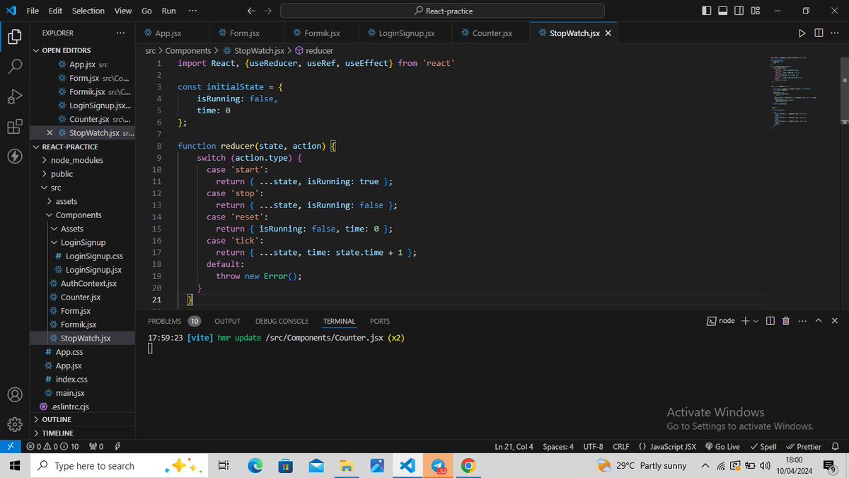 Day 70 of 100Days of code
Learnt about useReducer Hook.
useReducer is a hook that is used for state management in React.
📍I used a simple state and action to create a Counter & an Object state and action to create a Stop Watch.
useReducer is an alternative to useState.

#reactjs