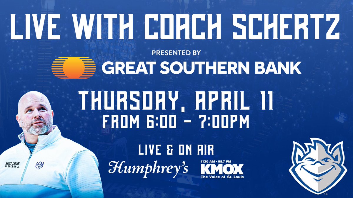 LIVE with Coach Schertz presented by Great Southern Bank will take place @Humphreys3700 this Thursday starting at 6 p.m. Come out and listen to @JoshSchertzSLU chat it up with @RammerSTL and @Ackerman1120 for an hour-long radio interview on @KMOXSports