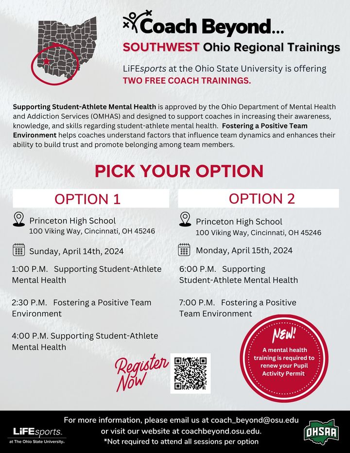 Do you live in Southwest Ohio? Don't miss your chance to join us for a FREE training on Supporting Student-Athlete Mental Health! Register now at: bit.ly/3TRVFBk