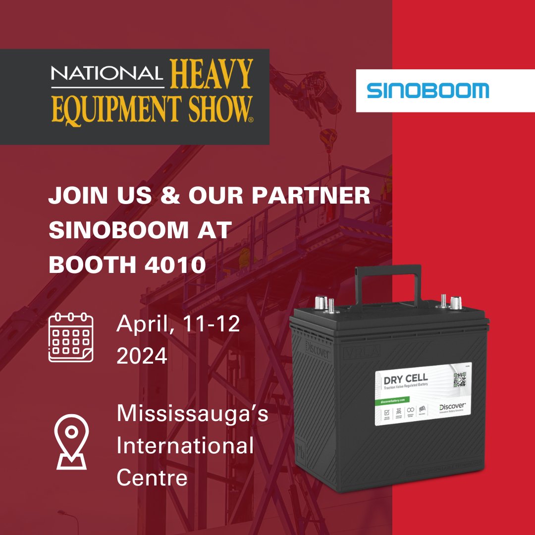 Excited to partner with Sinoboom for the National Heavy Equipment Show 2024! Visit us at booth 4010 to see our Discover Dry Cell Battery. Let's tackle challenges today and build new possibilities for tomorrow. #HeavyEquipmentShow2024 #InnovationInConstruction