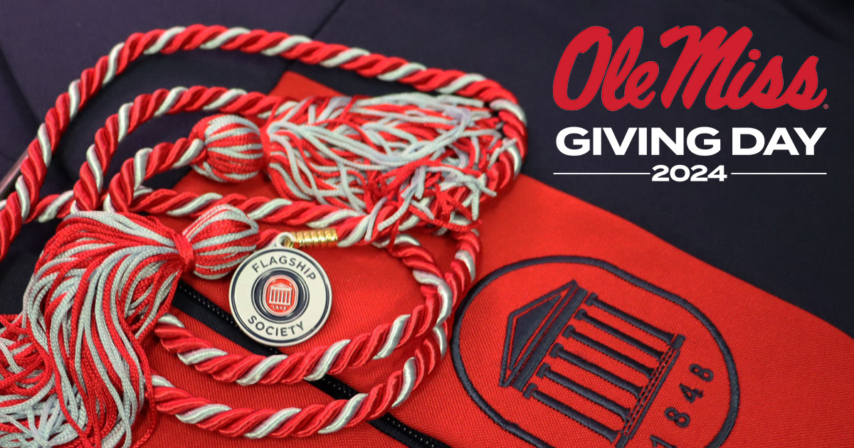 Flagship Society Graduation Honor Cord: 2024 graduates can join the Flagship Society for a gift of just $24. Members receive a graduation honor cord in recognition of your Giving Day gift! #OleMissGivingDay Give Now: bit.ly/49uh5cd