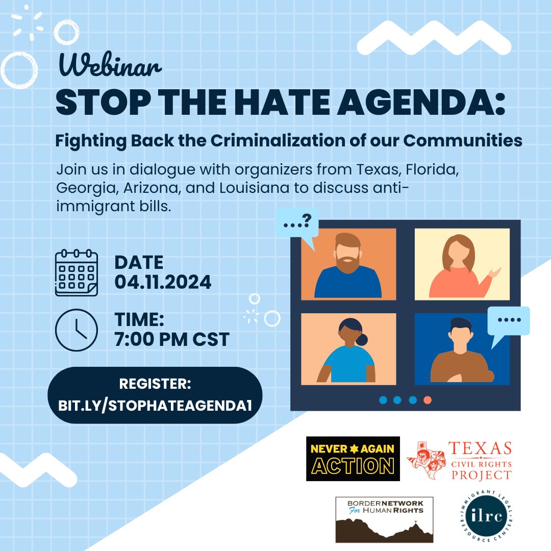 Join us TOMORROW at 7pm CT for a webinar - Stop the Hate Agenda: Fighting Back the Criminalization of Our Communities! We'll hear from organizers in Texas, Louisiana, Florida and Georgia about how they are approaching hateful state legislation. @the_ILRC
