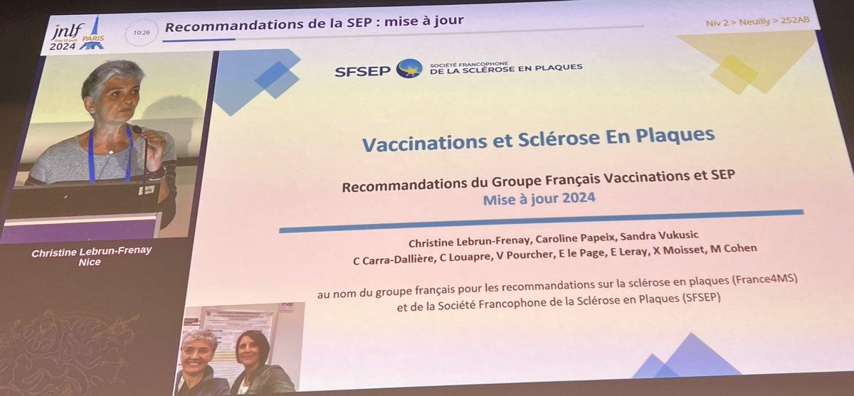 @XtineLebrunF rappelle les recommandations vaccinales 💉 pour les patients atteints de SEP 🧠 aux JNLF Session #SFSEP #jnlf #CRCSEPdeNice