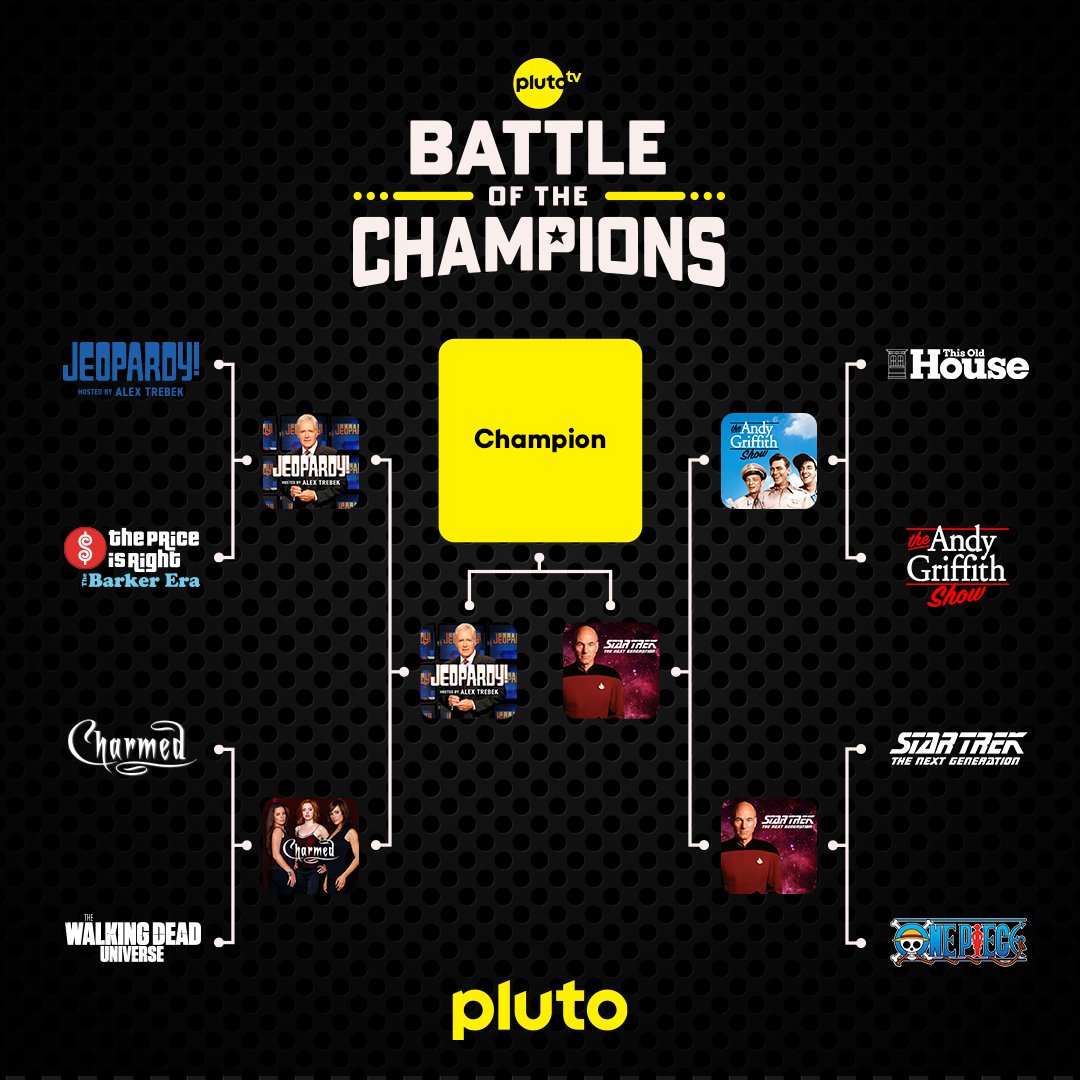 TWO. FANDOMS. REMAIN. 🥊 Jeopardy! or Star Trek: The Next Generation? 

Who will you crown as the ULTIMATE FANDOM? Make your voice heard by voting in the poll below! 📣

The CHAMPIONSHIP ROUND of Pluto TV's Battle of the Champions begins NOW. #PlutoTVFandoms #10YearsOfPlutoTV