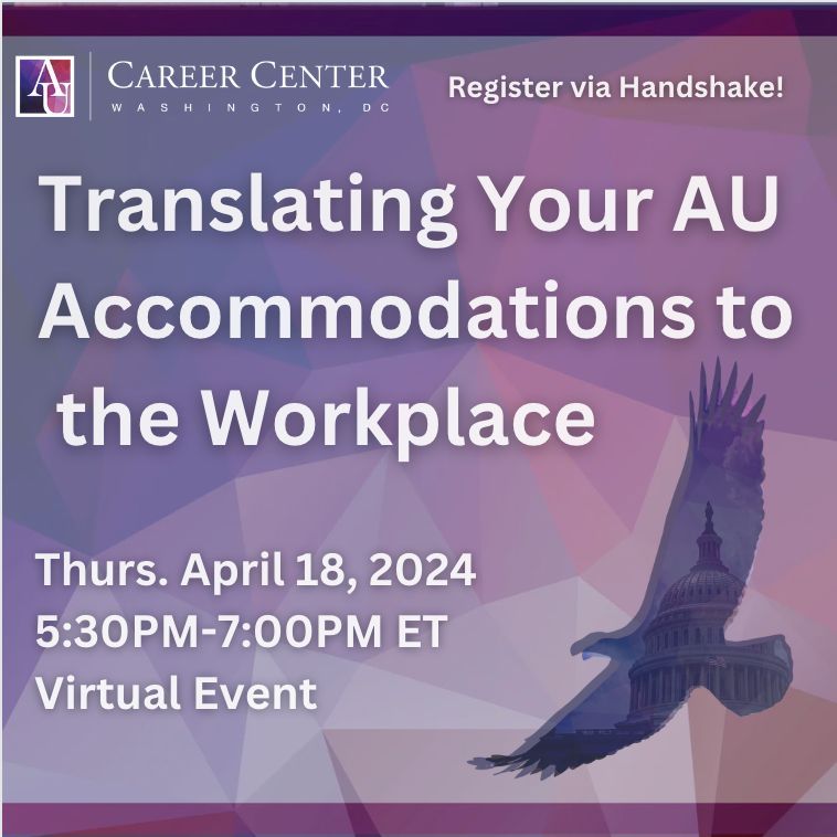 How would your disability-related accommodations at AU translate to the workplace? Join the @AUCareerCenter and ASAC for an informational presentation/discussion about translating your accommodations to the workplace. Register here american.joinhandshake.com/stu/events/144… @AU_SOC