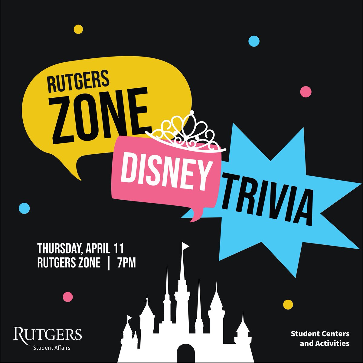 Join us tomorrow night for our monthly trivia game series at 7 PM in the Rutgers Zone. Trivia covers a variety of topics for all audiences on campus. Play as a team or individual and come out to have fun and win some cool prizes. Tomorrow night’s theme is Disney trivia!